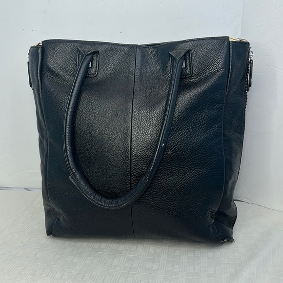 Halogen Pebble leather tote in black with cow hair zebra strip when expanded - Picture 1 of 10